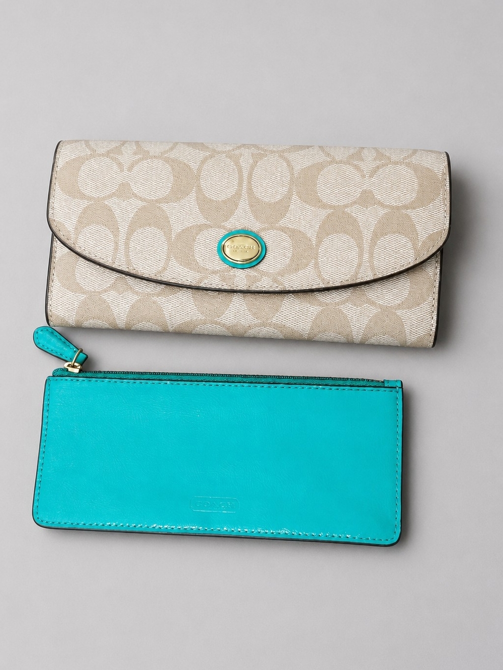 Coach Peyton Beige Signature Canvas Slim Wallet with Turquoise Zip Pouch